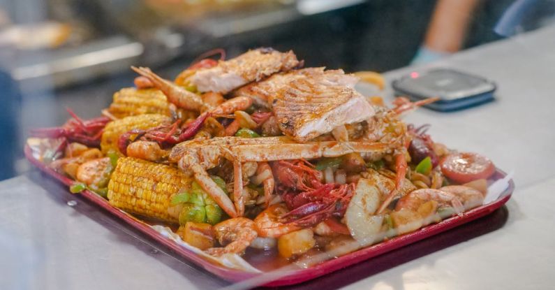 Seafood Boil - Close-up of a Seafood Boil on a Tray